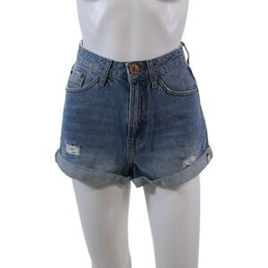 One by One Teaspoon Womens Zipper Fly Distressed Cuffed Shorts Blue Denim 23